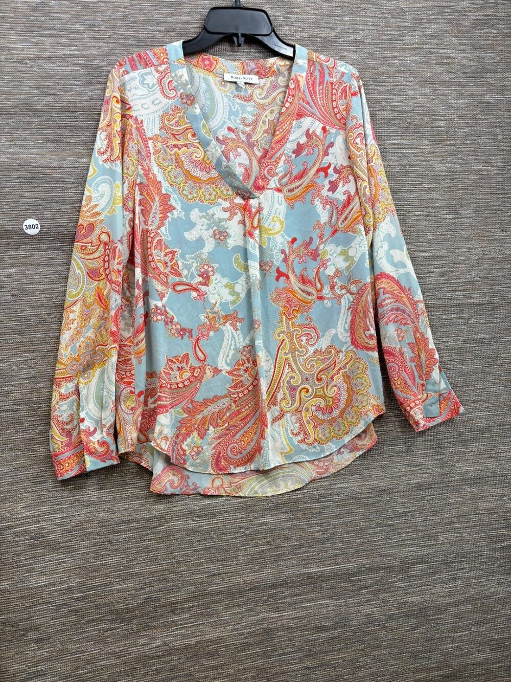 Rose + Olive Blouse Size L Blue Pink Multi V-Neck Paisley Boho Casual